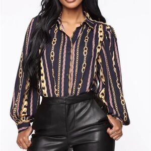 Ovi Black and Gold Chain Pattern Blouse Sz L